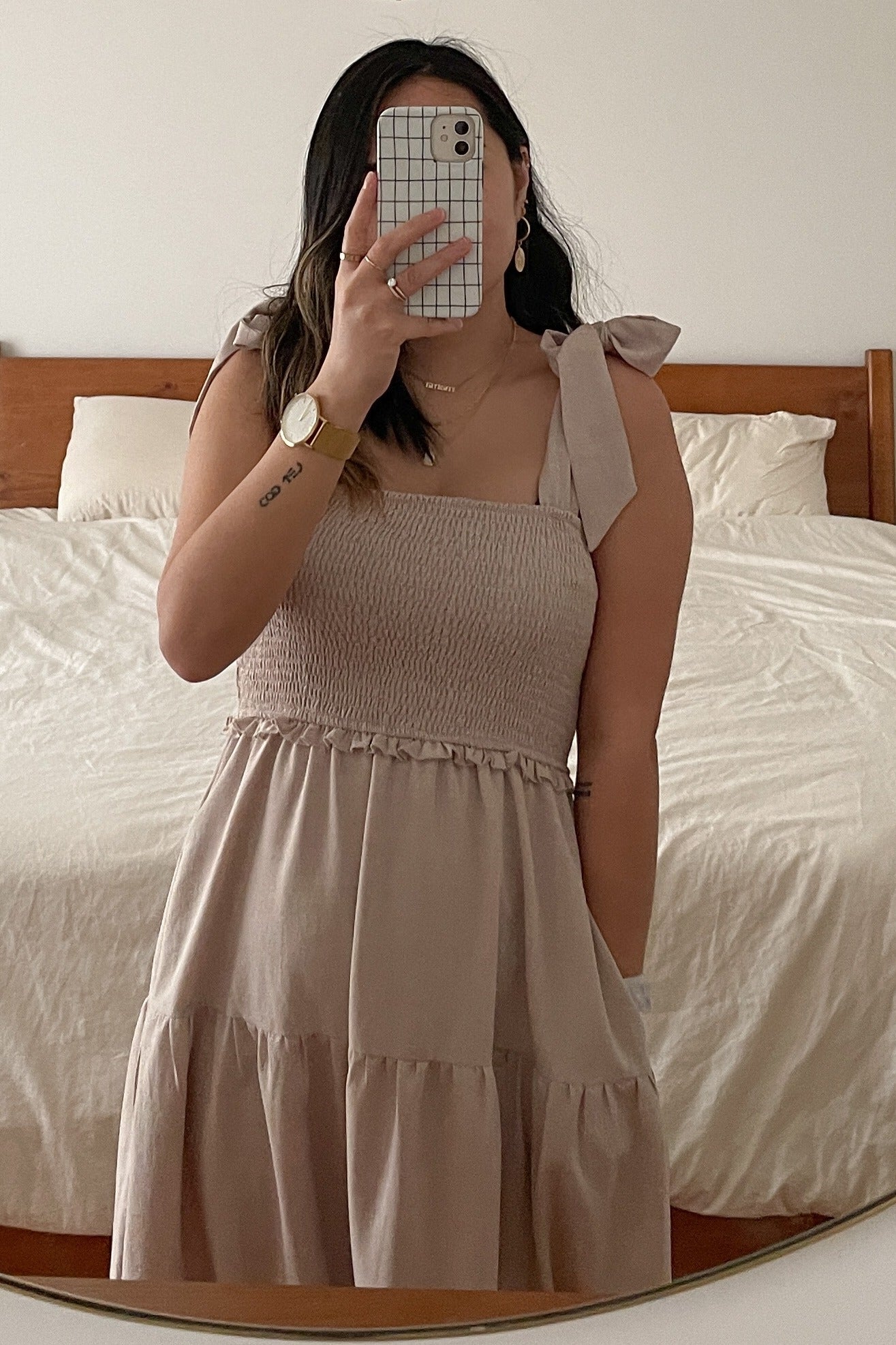 Beige Bow Strap Tiered Midi Dress