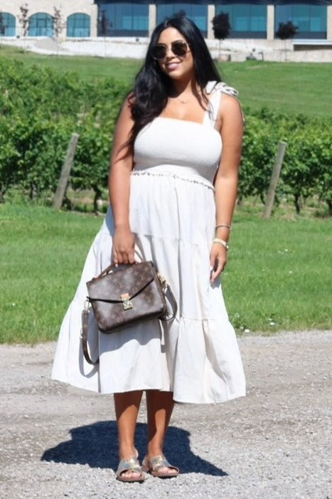 beige tiered midi dress Beige Shirred Front Tie Tiered Midi Dress main image 0