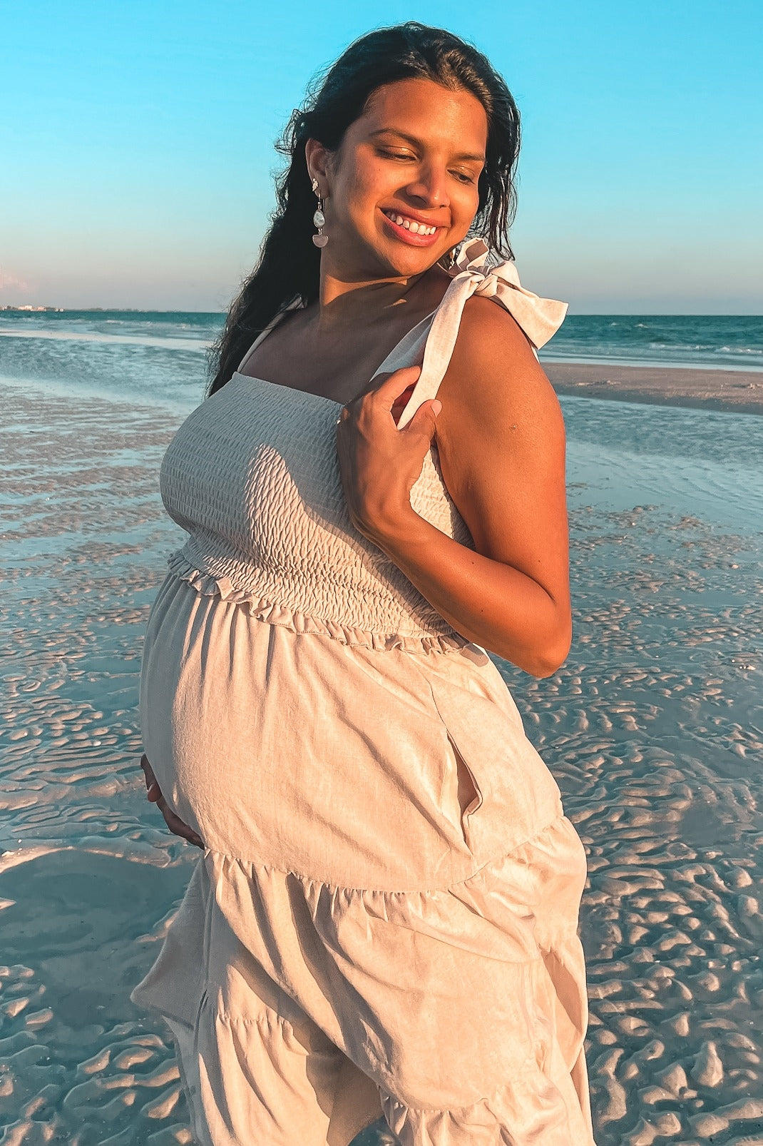 Beige Bow Strap Tiered Maternity Midi Dress Small