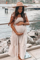 Beige Bow Strap Tiered Maternity Midi Dress