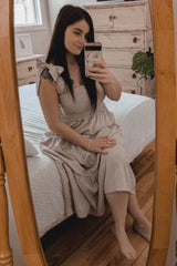 Beige Bow Strap Tiered Midi Dress