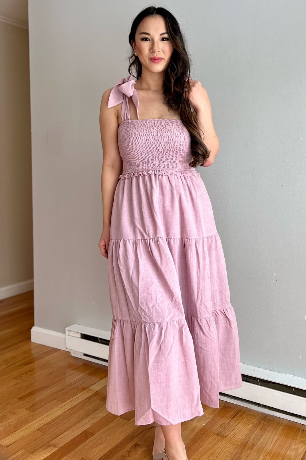 Mauve Bow Strap Tiered Midi Dress