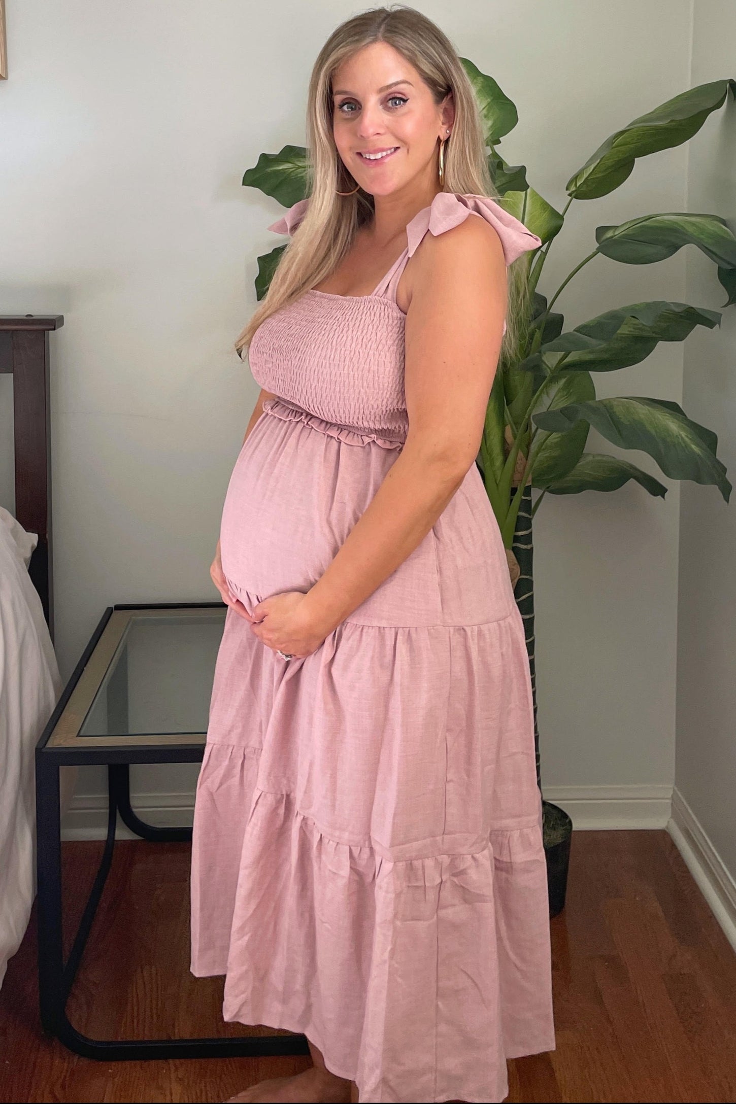 Mauve Bow Strap Tiered Maternity Midi Dress