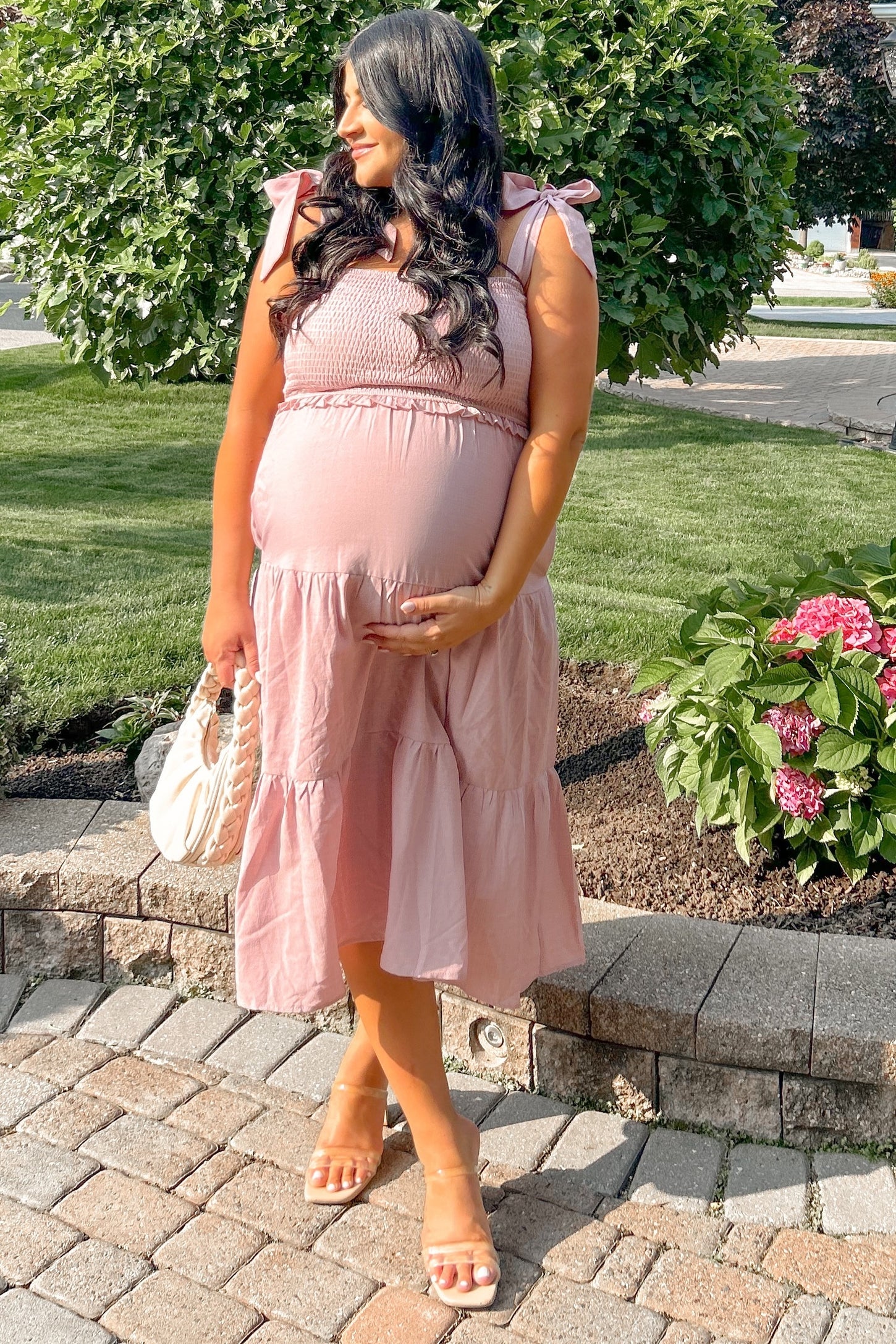 pink bow maternity dress Elegant Pink Satin Maternity Dress with V-Neck and Bow
