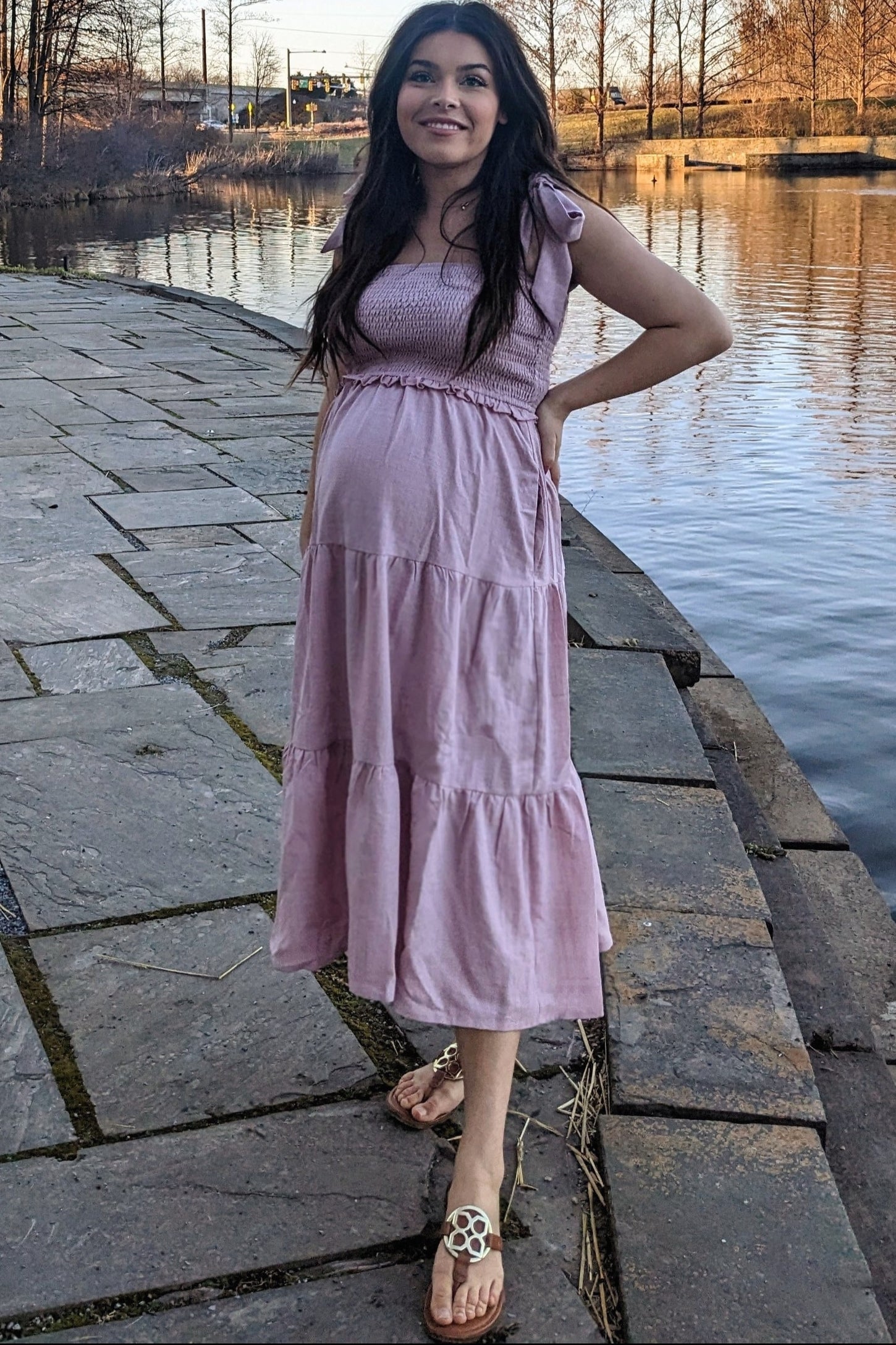 Mauve Bow Strap Tiered Maternity Midi Dress
