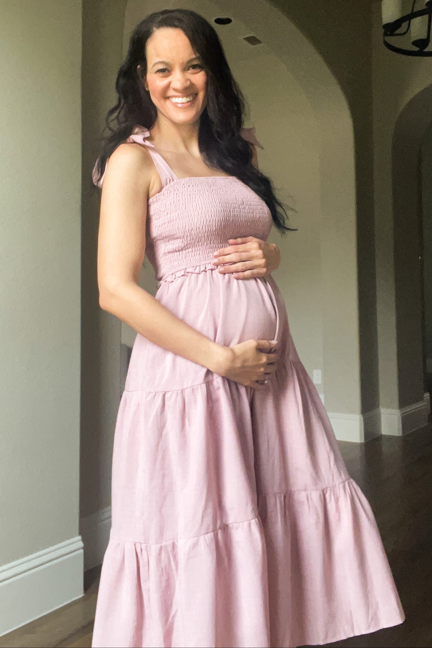 Mauve Bow Strap Tiered Maternity Midi Dress