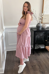 Mauve Bow Strap Tiered Maternity Midi Dress