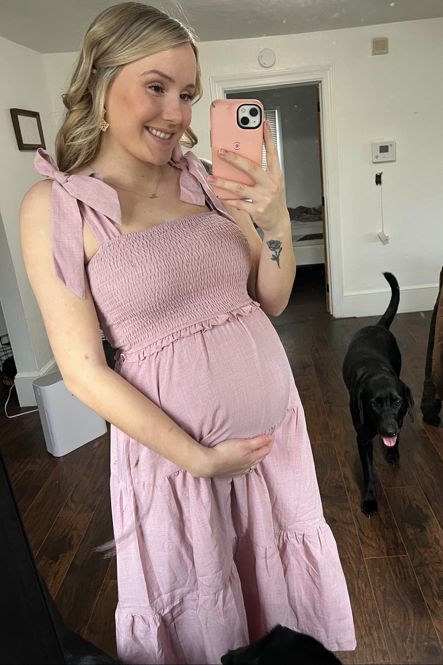 Mauve Bow Strap Tiered Maternity Midi Dress