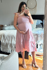 Mauve Bow Strap Tiered Maternity Midi Dress