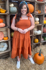 Rust Bow Strap Tiered Midi Dress