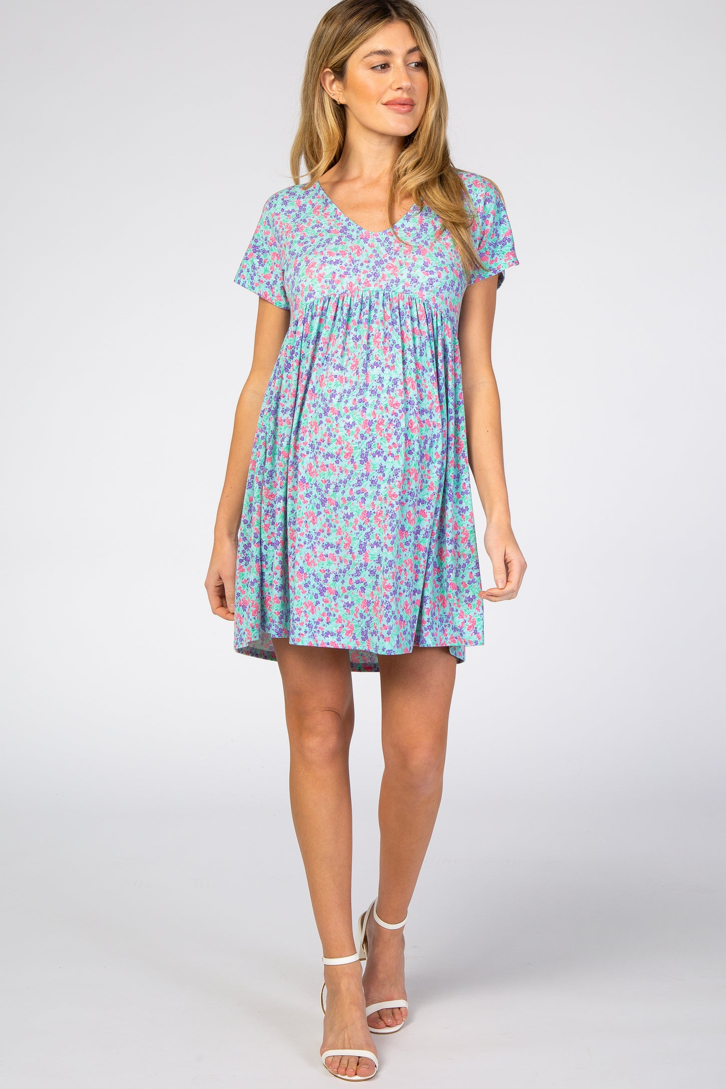 Aqua Floral Short Sleeve Maternity Dress