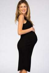 Black Ribbed Sleeveless Maternity Midi Dress