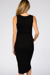 Black Ribbed Sleeveless Maternity Midi Dress
