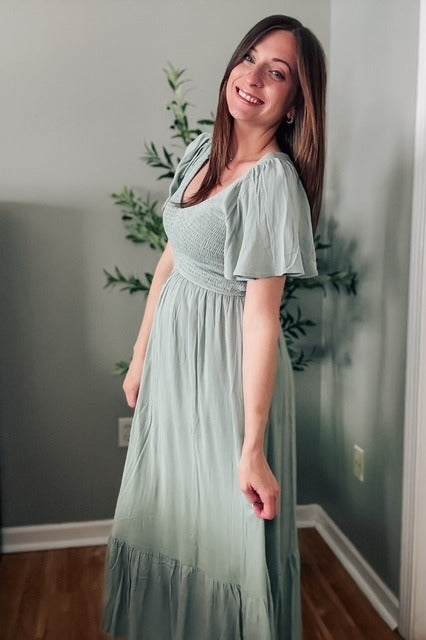 Light Olive Smocked V-Neck Midi Dress