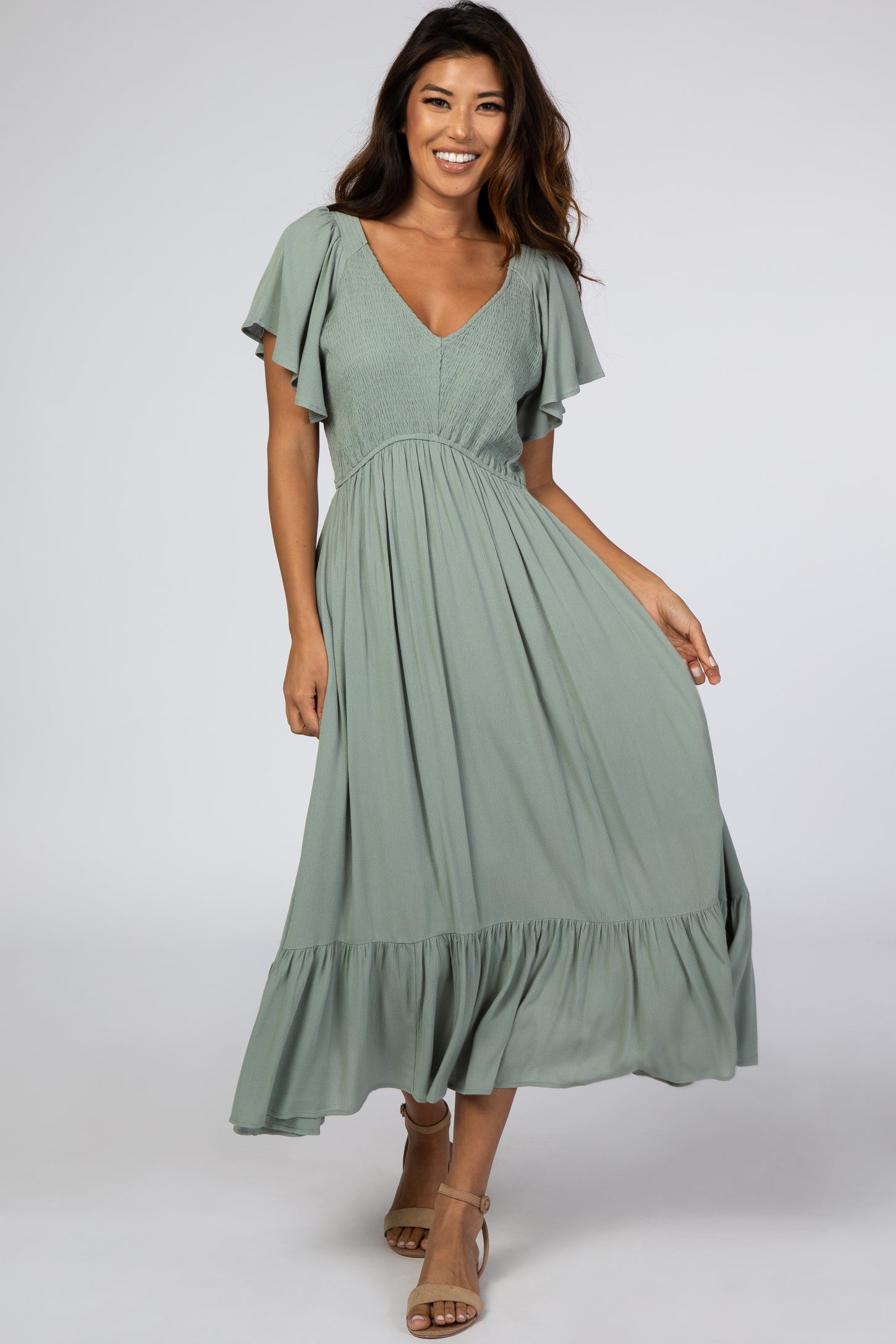 PinkBlush Light Olive Smocked V-Neck Maternity Midi Dress