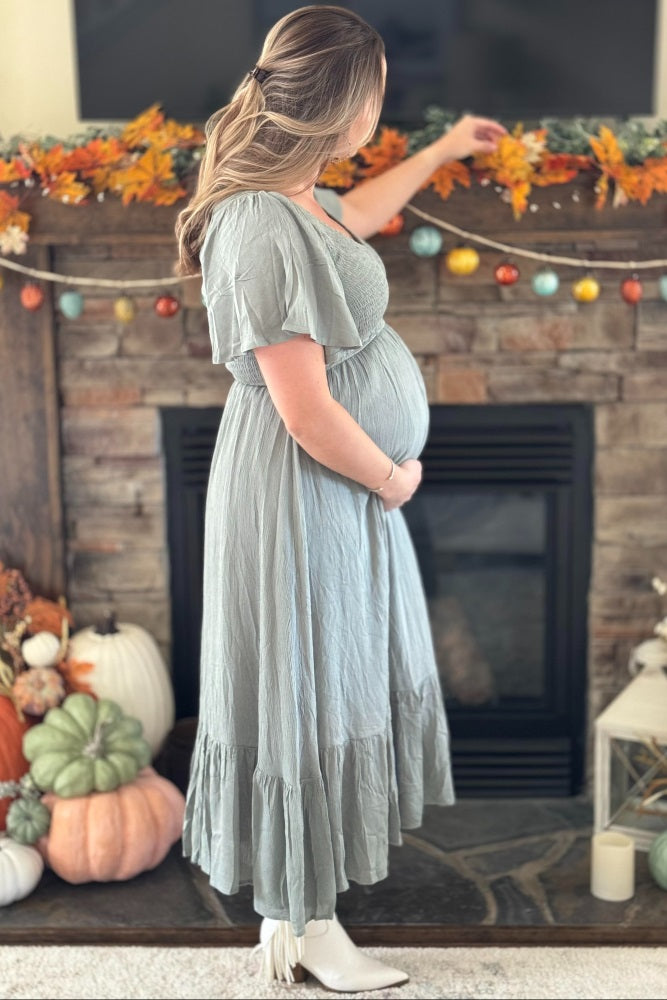 Light Olive Smocked V-Neck Maternity Midi Dress