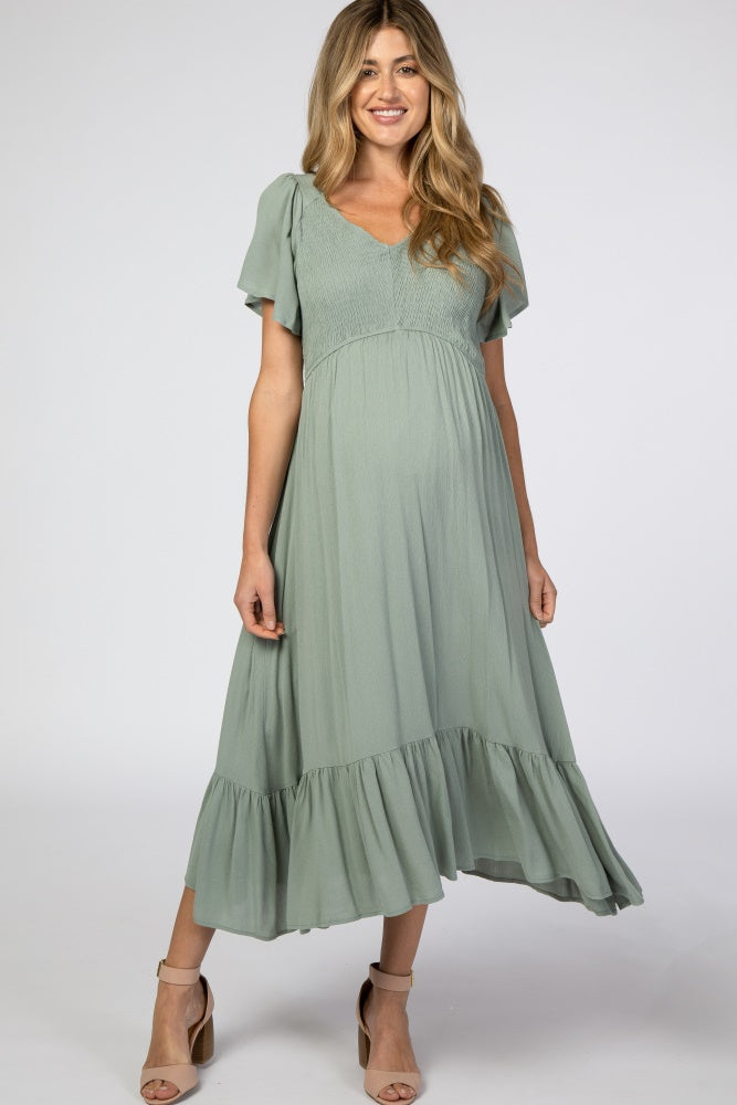 midi smocked maternity dress PinkBlush Light Olive Smocked V-Neck Maternity Midi Dress Small