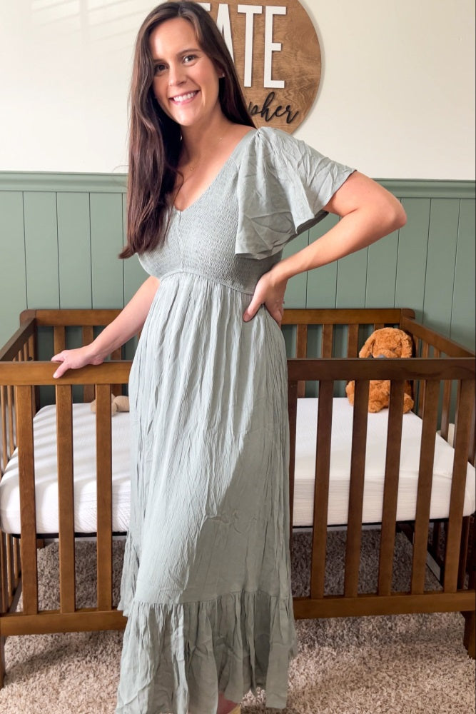 knee length dresses for ladies Light Olive Smocked V-Neck Midi Dress