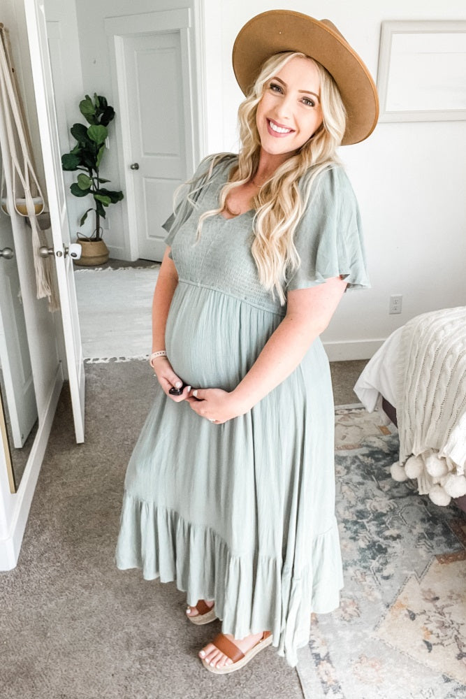 PinkBlush Light Olive Smocked V-Neck Maternity Midi Dress