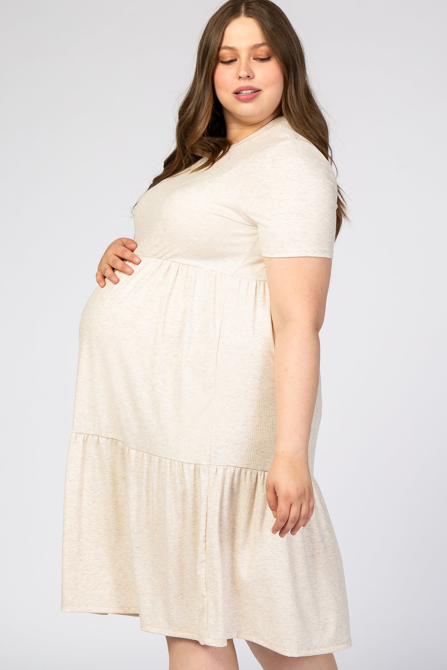 Beige Ribbed Tiered Maternity Plus Dress – PinkBlush