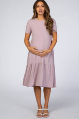 Lavender Ribbed Tiered Maternity Dress