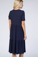 Navy Blue Ribbed Tiered Dress