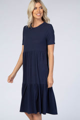Navy Blue Ribbed Tiered Dress