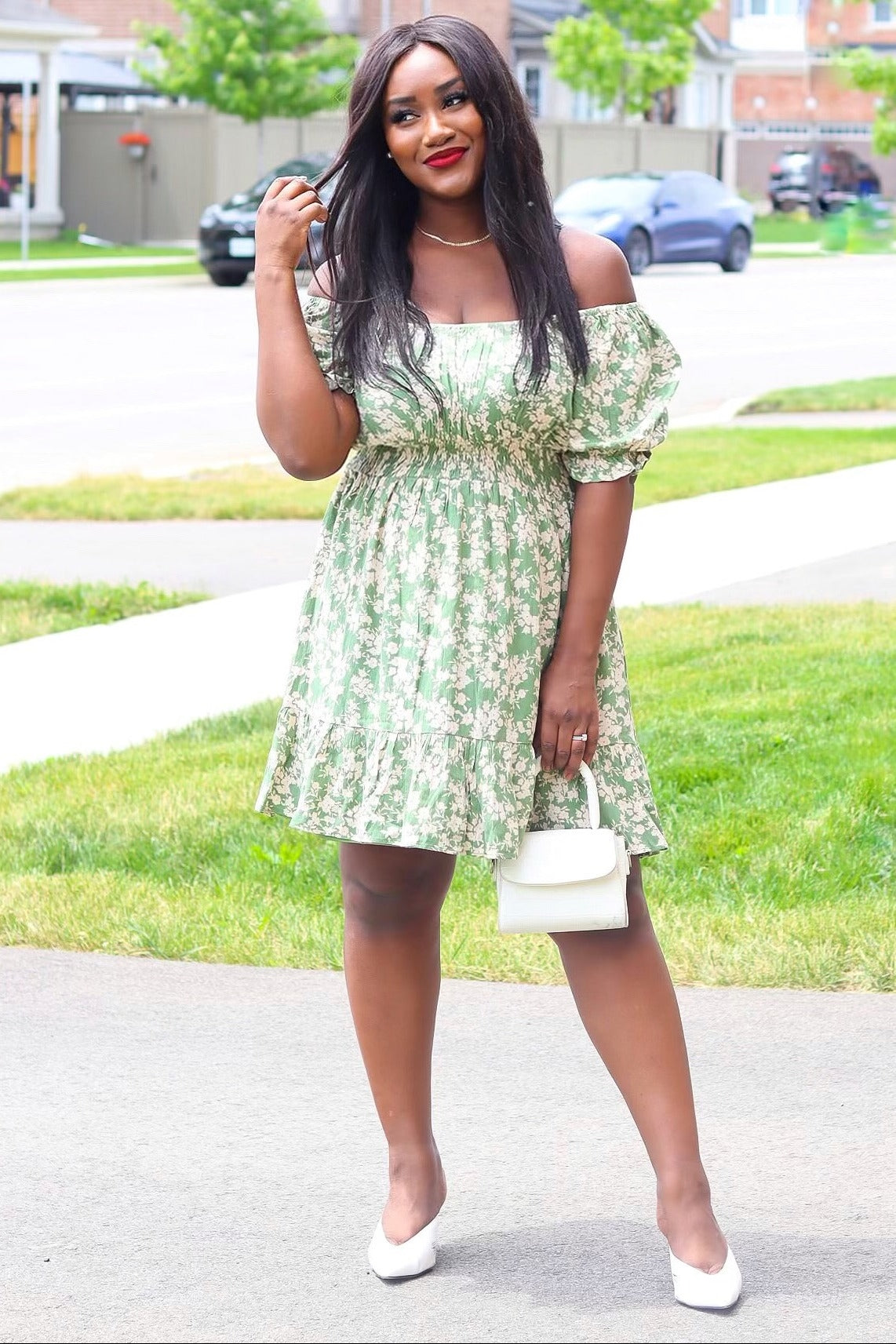 Green Floral Off Shoulder Mini Dress PinkBlush Green Floral Off Shoulder Mini Dress PinkBlush