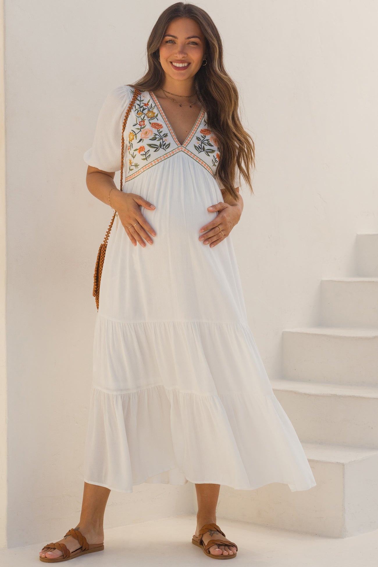 PinkBlush Ivory Floral Embroidered Maternity Midi Dress Small