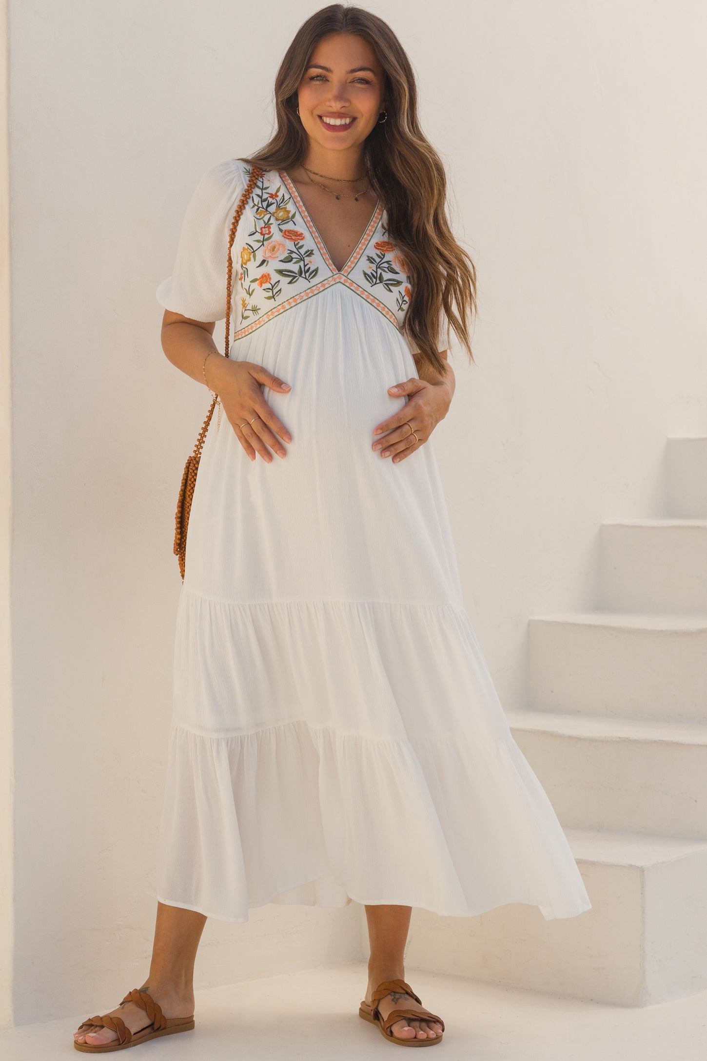 Ivory Floral Embroidered Midi Dress Medium