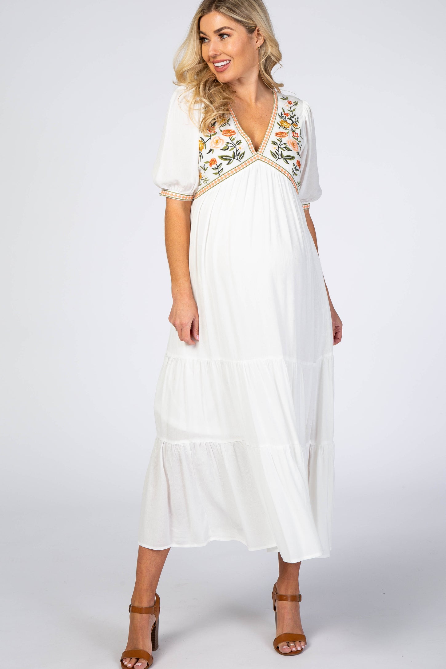Ivory Floral Embroidered Midi Dress Small