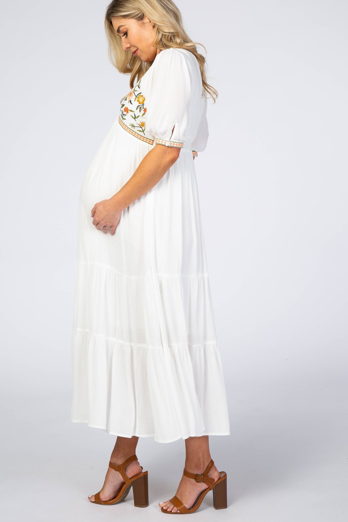 white dress with flowers embroidered Pinkblush Ivory Floral Embroidered Maternity Midi Dress Medium