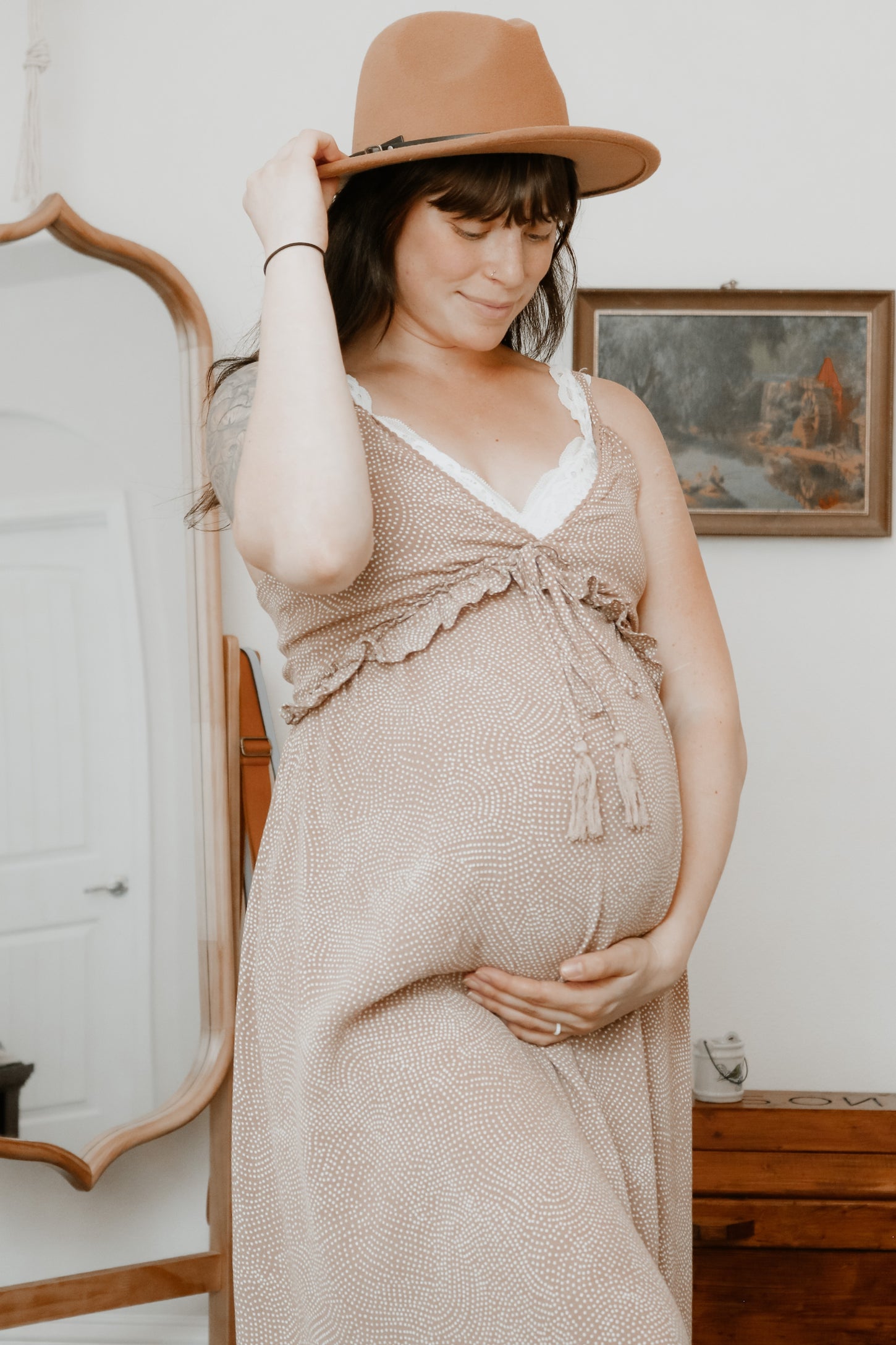 Light Mocha Dot Print V-Neck Maternity Midi Dress