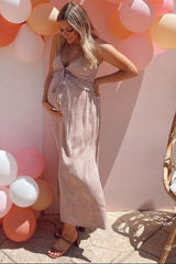 Light Mocha Dot Print V-Neck Maternity Midi Dress