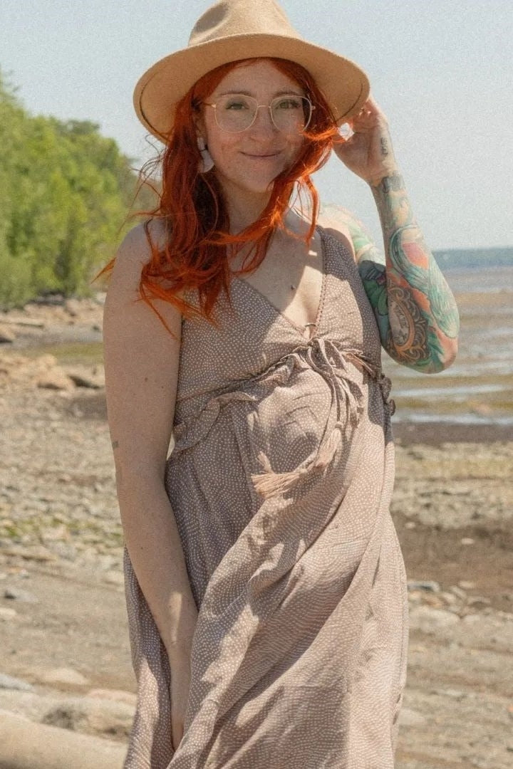 Light Mocha Dot Print V-Neck Midi Dress