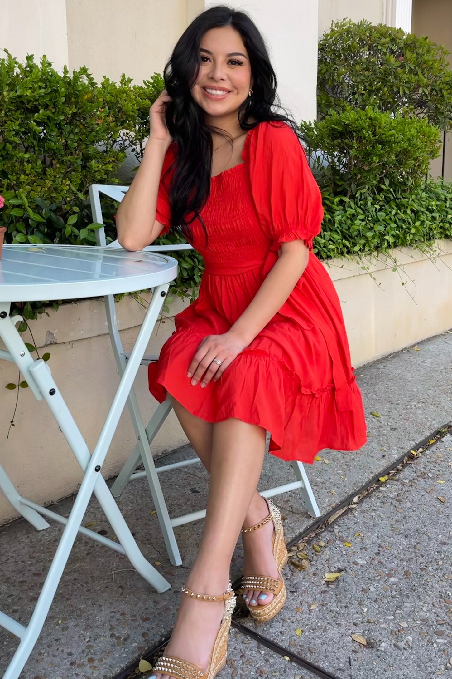 red smocked dress womens Women's Red Smocked Dress with Flared Skirt