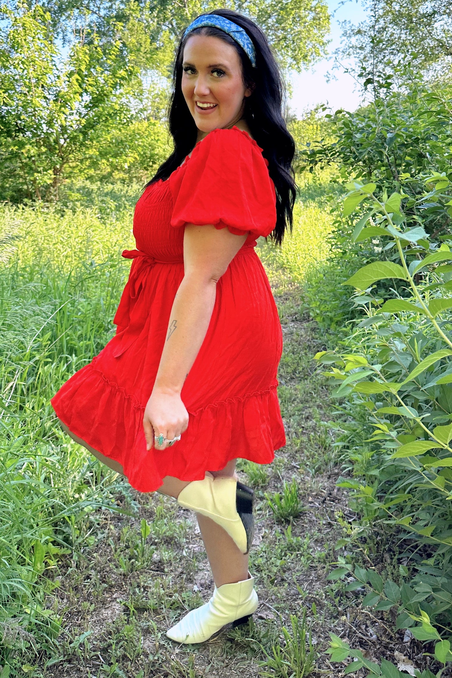 red smocked dress womens Allyn Red Smocked Midi Dress