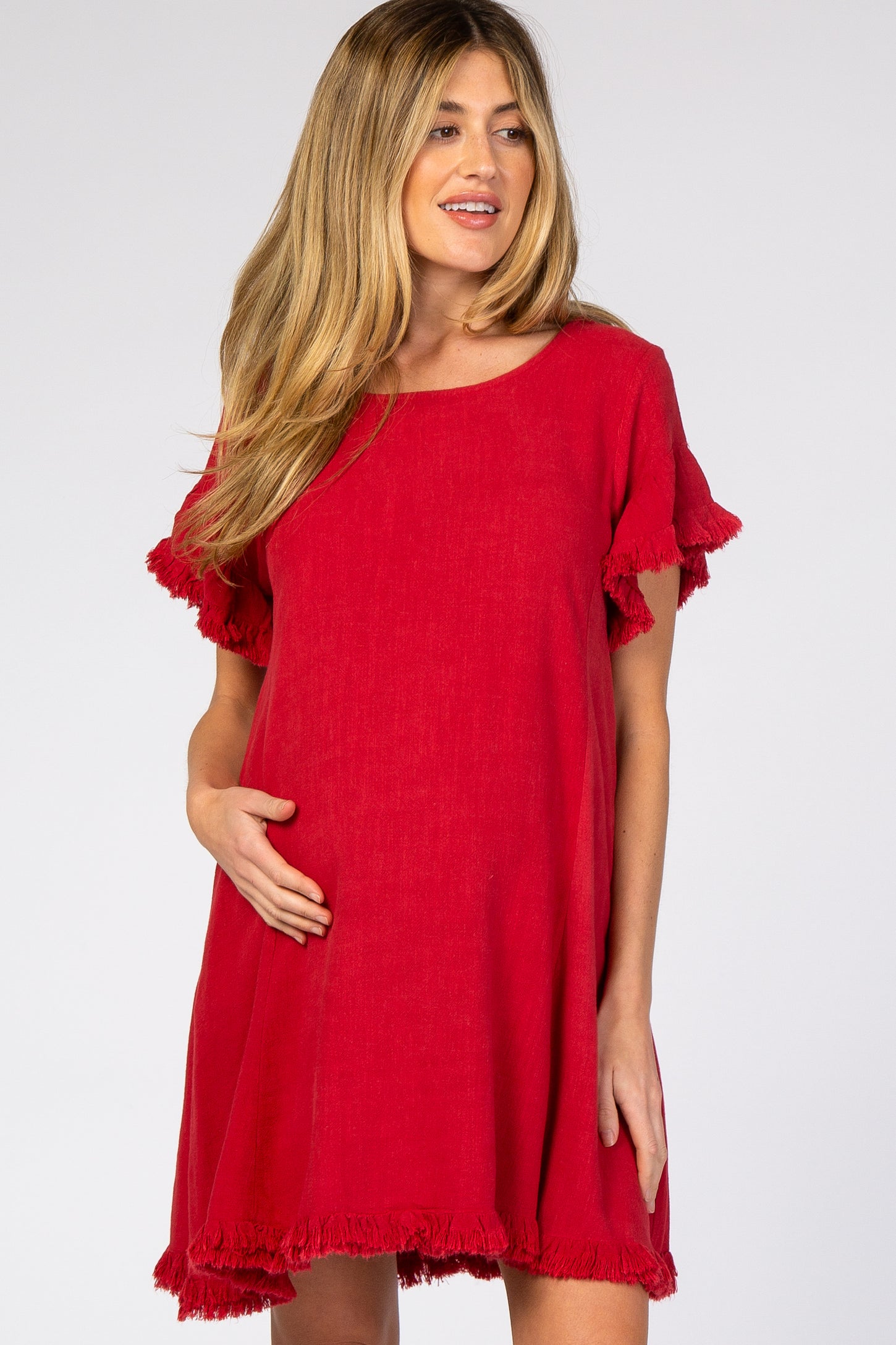 Red Fringe Linen Maternity Dress