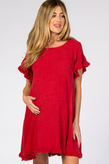 Red Fringe Linen Maternity Dress