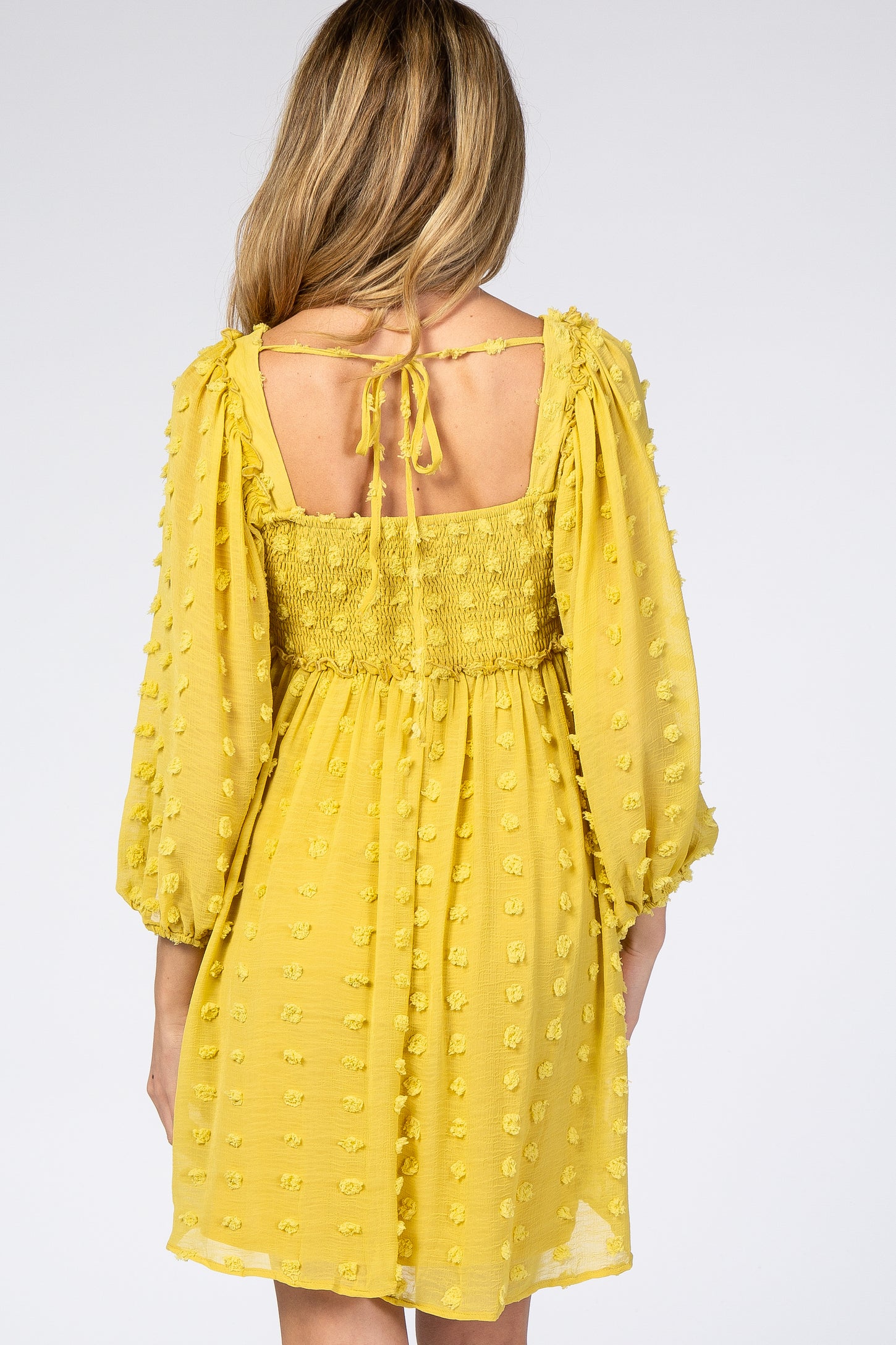 Yellow Textured Dot Smocked Square Neck Chiffon Maternity Dress