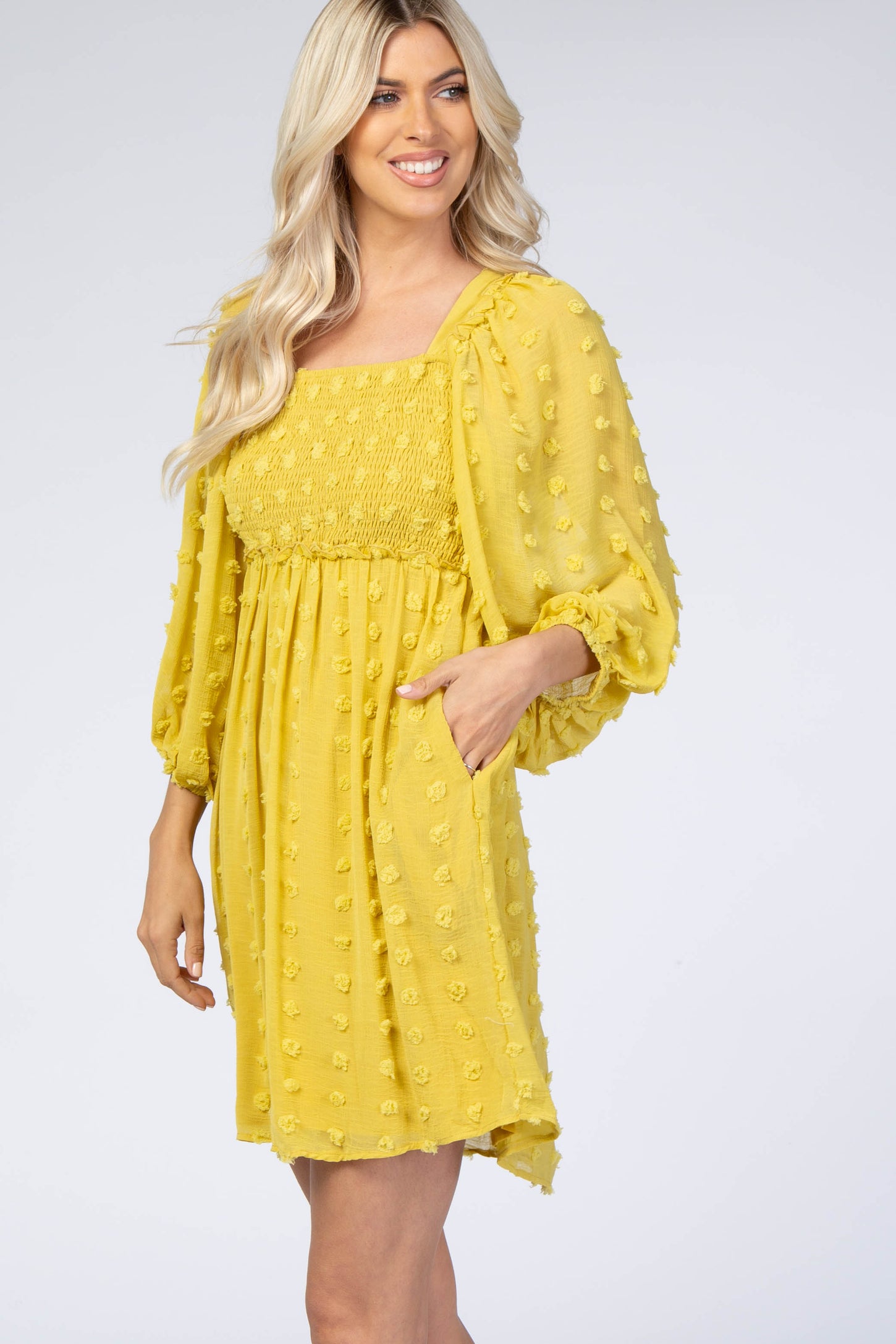 Yellow Textured Dot Smocked Square Neck Chiffon Dress PinkBlush Yellow Textured Dot Smocked Square Neck Chiffon Dress PinkBlush