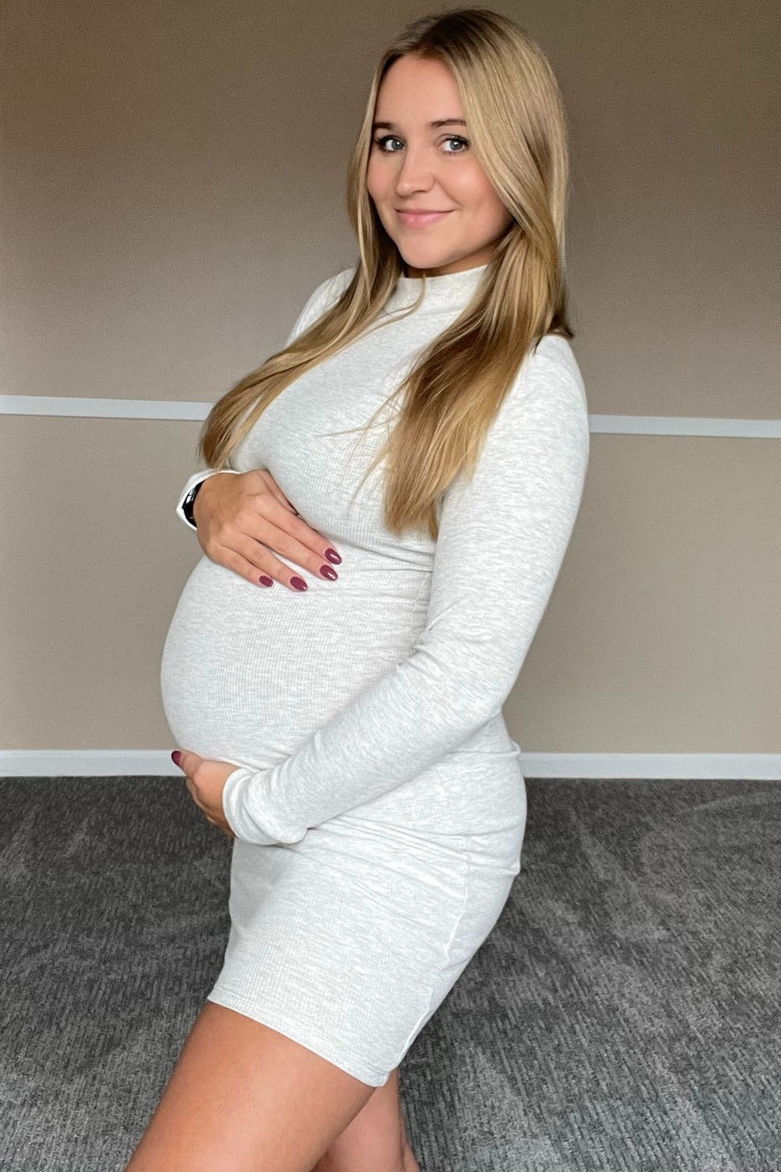 Beige Ribbed Mock Neck Fitted Maternity Dress Beige Ribbed Mock Neck Fitted Maternity Dress