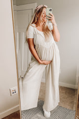 Beige Linen Maternity Overalls