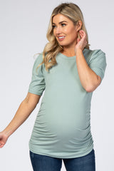 Mint Ribbed Ruched Fitted Maternity Top