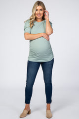 Mint Ribbed Ruched Fitted Maternity Top