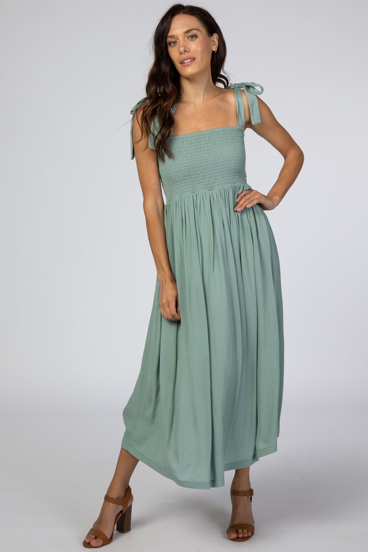 Pinkblush Mint Green Smocked Tie Strap Maternity Midi Dress Large