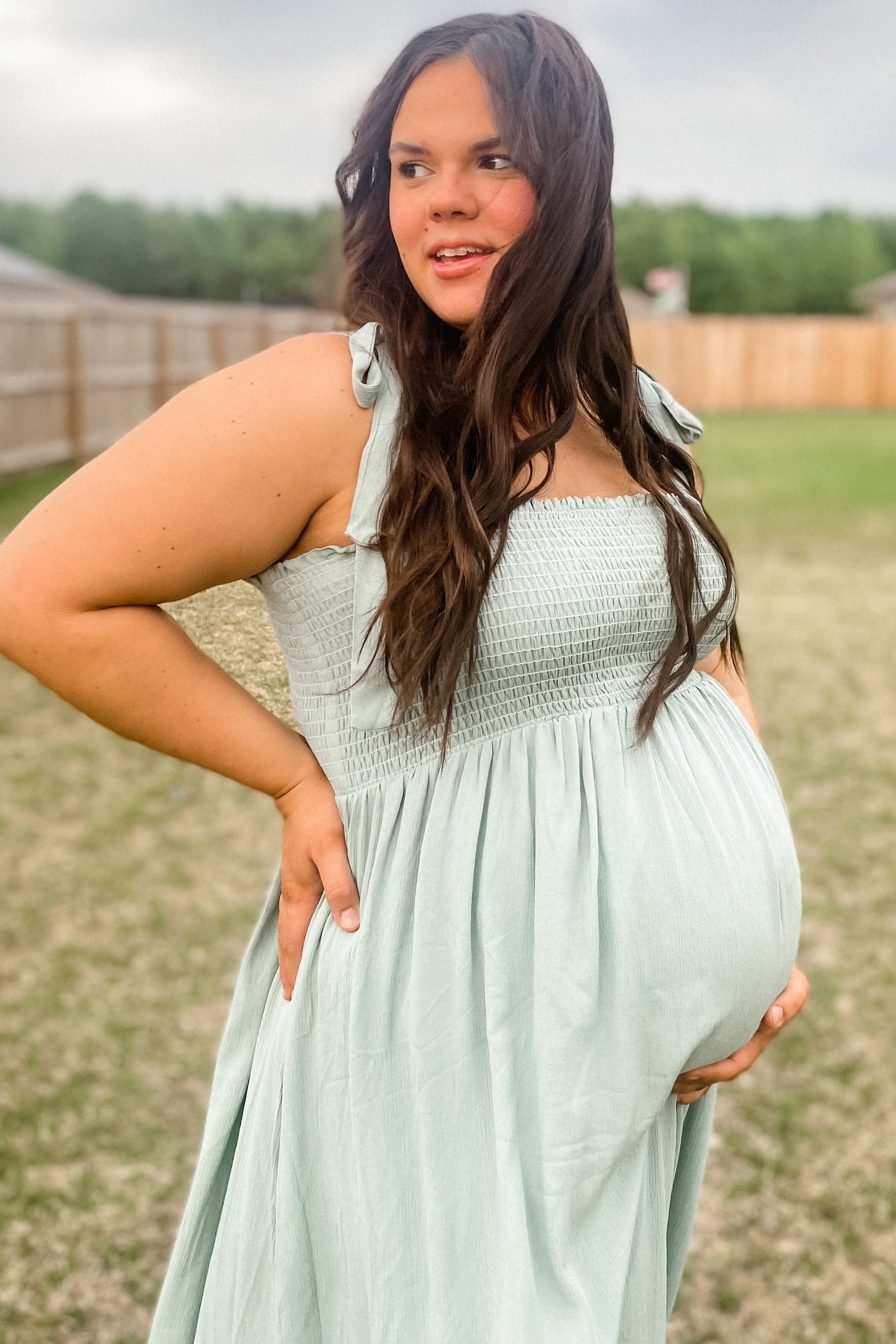 Mint Green Smocked Tie Strap Maternity Midi Dress PinkBlush Mint Green Smocked Tie Strap Maternity Midi Dress PinkBlush