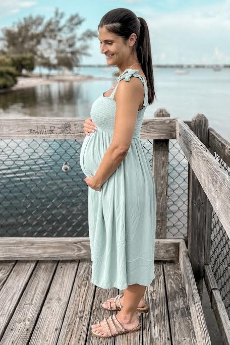 Mint Green Smocked Tie Strap Maternity Midi Dress PinkBlush Mint Green Smocked Tie Strap Maternity Midi Dress PinkBlush