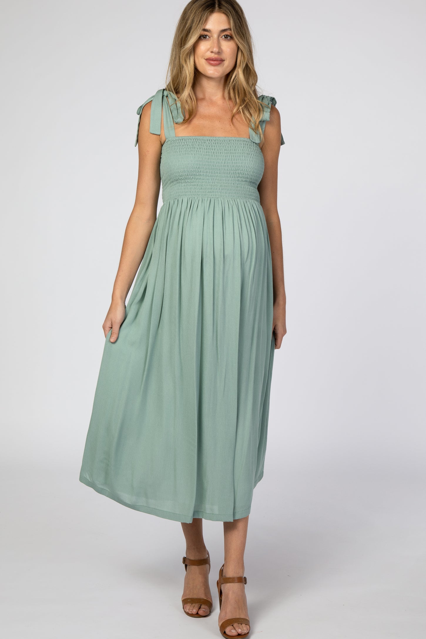 Mint Green Smocked Tie Strap Maternity Midi Dress