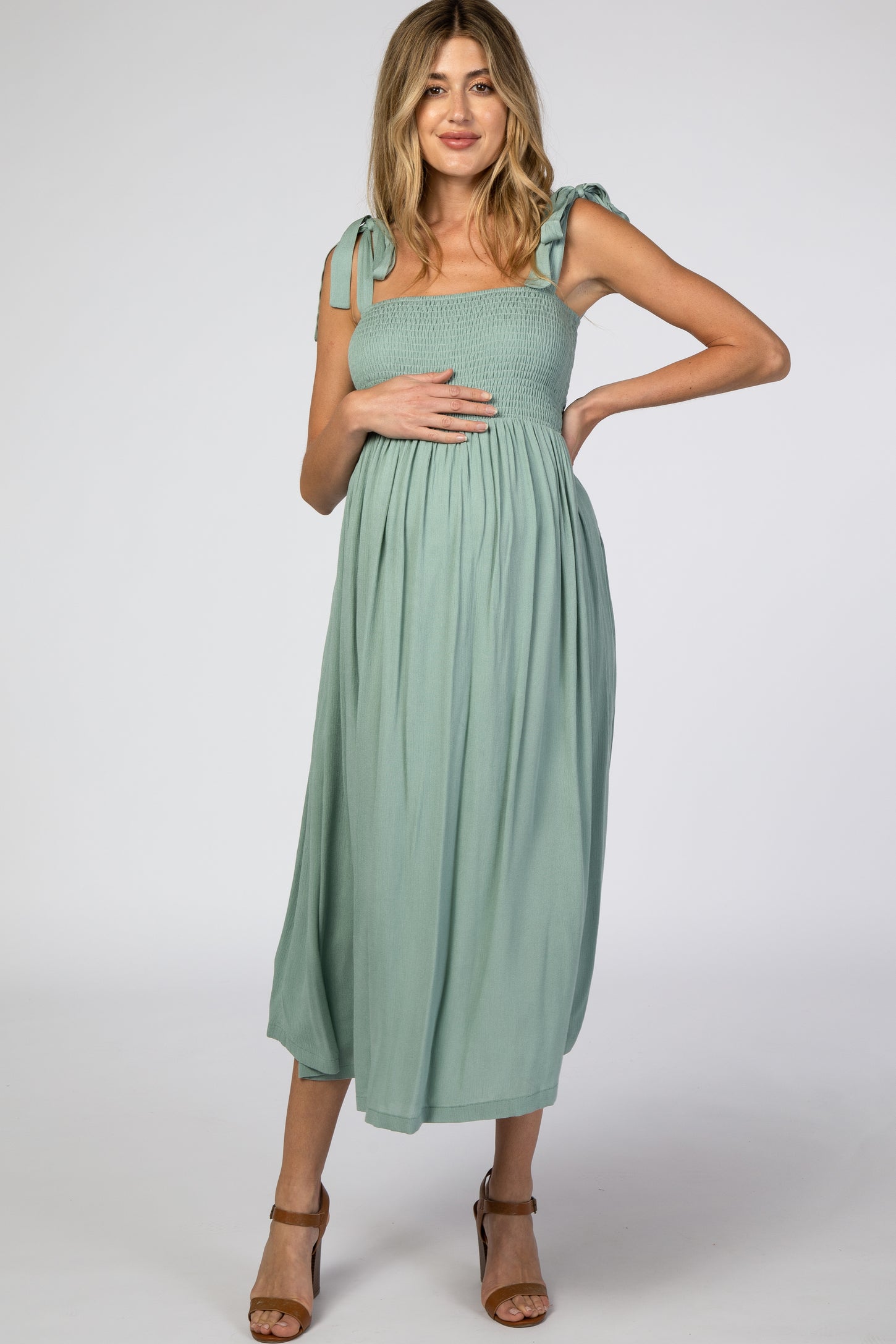 blue and white fendi dress Mint Green Smocked Tie Strap Maternity Midi Dress – PinkBlush